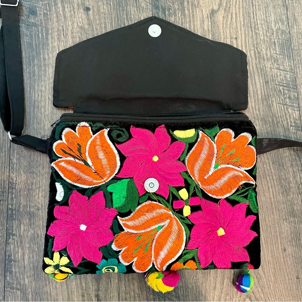 Embroidered Over The Shoulder Flower Bright Colored Purse Orange and Pink - Picture 5 of 5